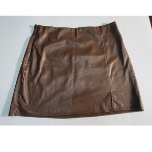Leather Mini Skirt Brown Faux Leather High Waist Party Club Size S